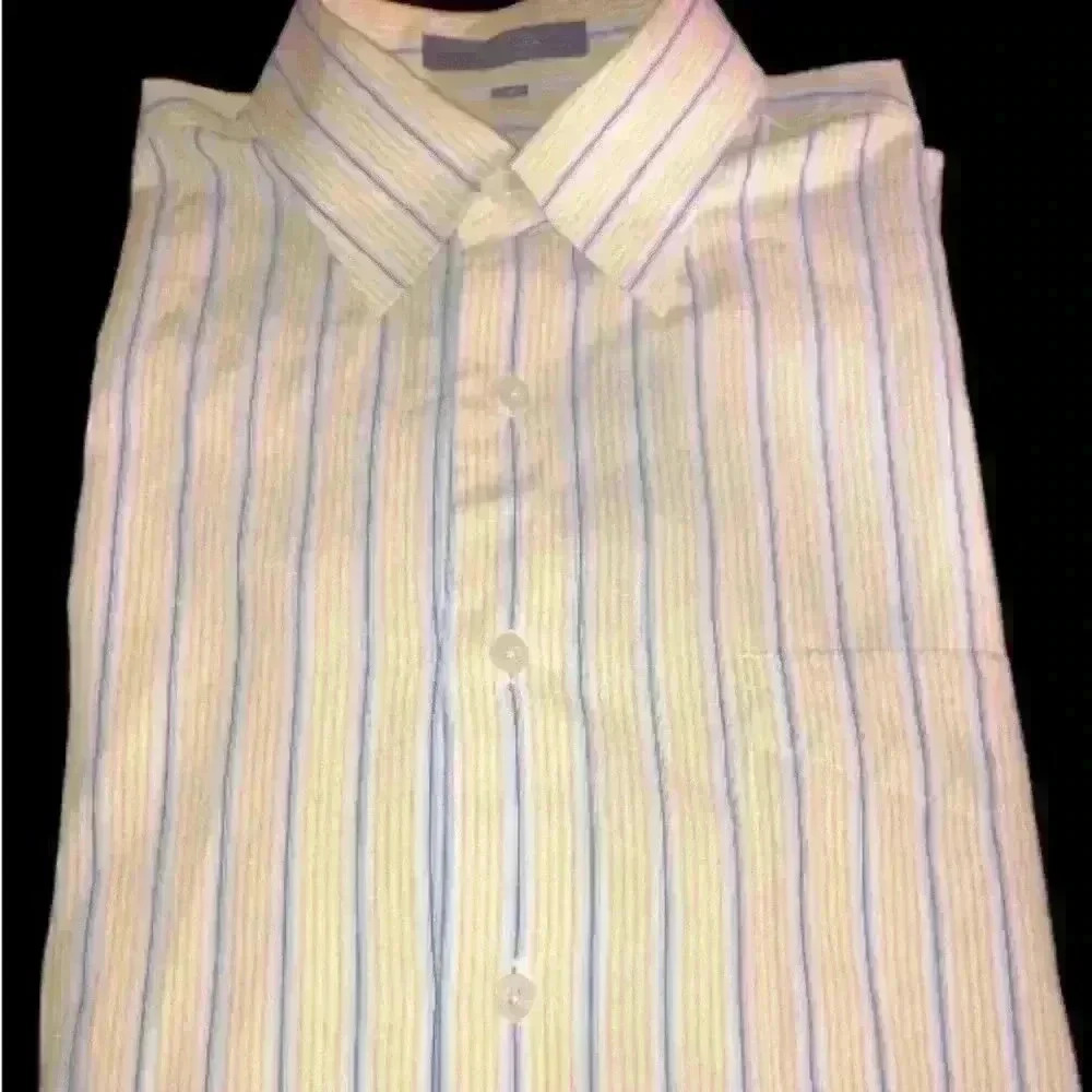 Alan Flusser sz M button down yellow and blue stripe long sleeve Exc Con